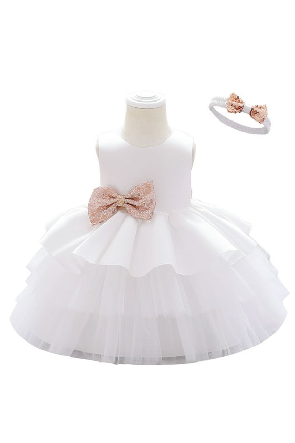 Girls Birthday Party Dresseseses Toddler Net Yarn Embroidery Rhinestone Bowknot Gown Long Dresses Headband Suit White