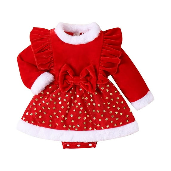Odeerbi Girls Christmas Dress Toddler Girls Clothes Velvet Dress Winter Plush Pajamas Golden Velvet Patchwork Plush Ironing Star Skirt Pajamas Christmas Red 18-24 Months