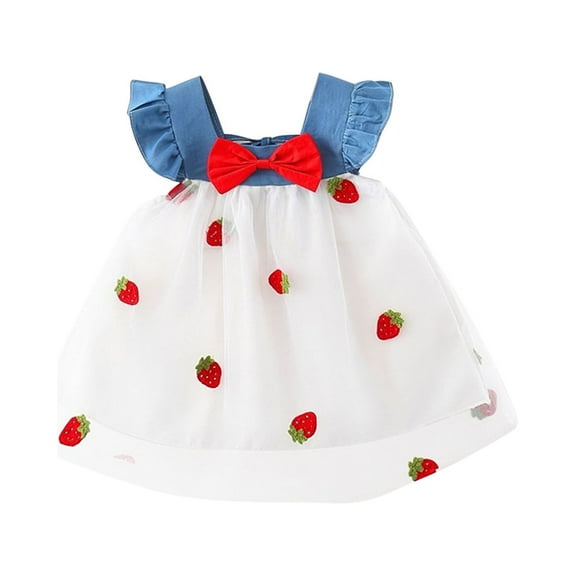 Odeerbi Girls Denim Tank Dress Toddler Girls Clothes Summer Small Strawberry Embroidered Bow Spliced Denim Sleeveless Tank Top Dress White 18-24 Months
