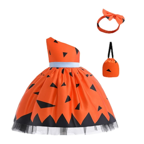 Odeerbi Girls Dress Baby Girls Clothes Children Gauze Skirt Festival Masquerade Dress Headband Bag Set Orange