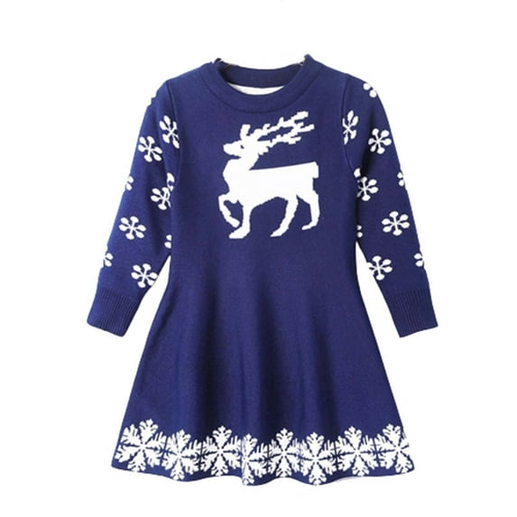 Odeerbi Girls Dress Baby Girls Clothes Children's Clothing Dress Christmas Sweater Fawn Dress Blue
