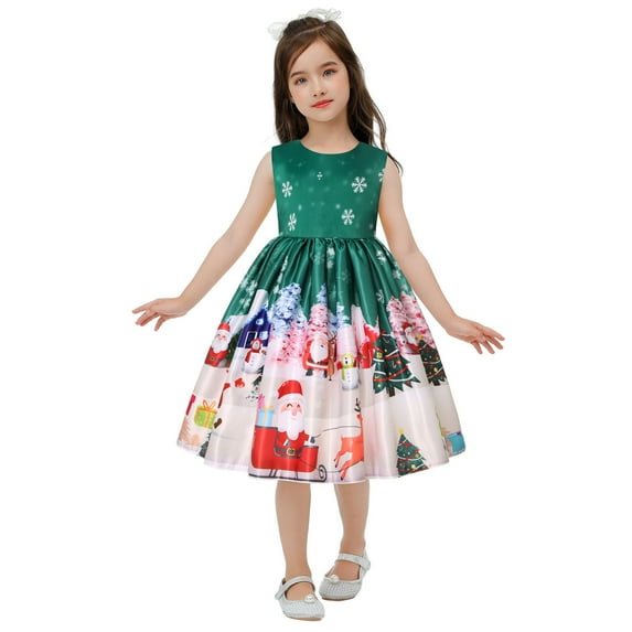 Odeerbi Girls Dress Baby Girls Clothes Christmas Long Skirt Santa Claus Print Princess Bowknot Performance Dress Skirt Christmas Dress Green