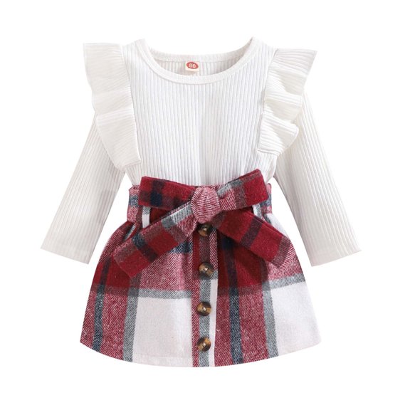 Odeerbi Girls Dress Baby Girls Clothes Infant Strip Cotton Top With Pocket Bowknot Plaid Skirt Knot 2 Piece Set White
