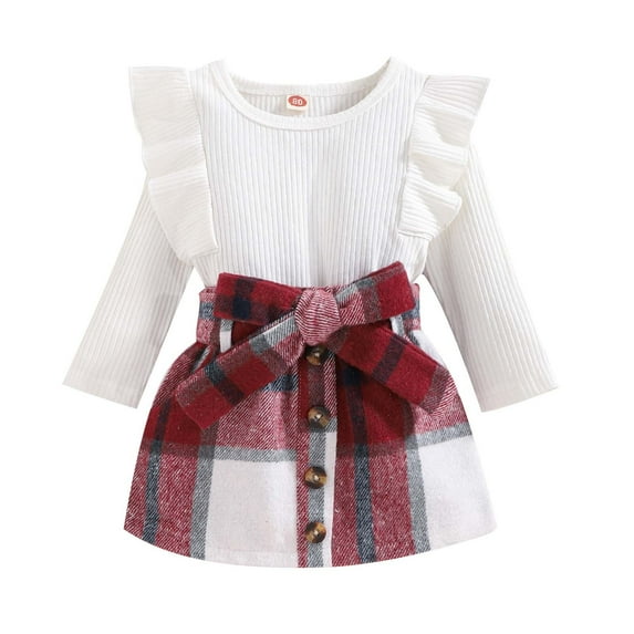 Odeerbi Girls Dress Baby Girls Clothes Infant Strip Cotton Top With Pocket Bowknot Plaid Skirt Knot 2 Piece Set White