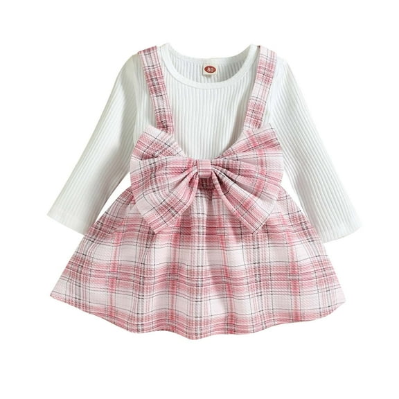 Odeerbi Girls Dress Baby Girls Clothes Infant Toddler 2025 Long Sleeve Top Plaid Bow Skirt Two Piece Pink