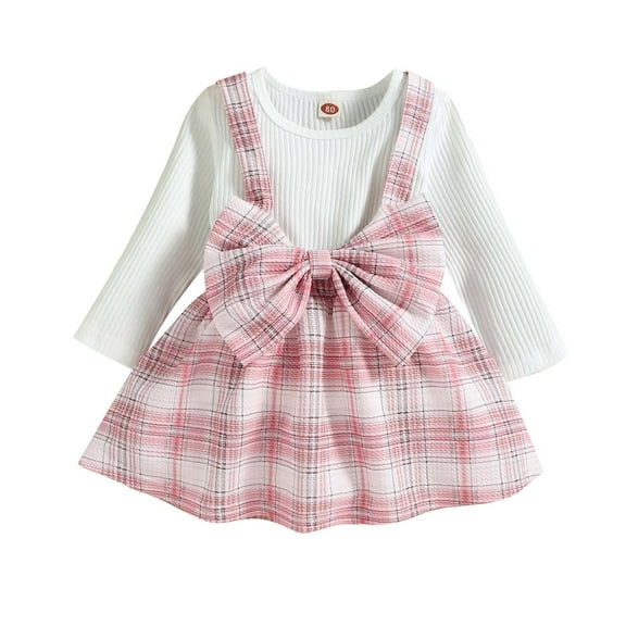 Odeerbi Girls Dress Baby Girls Clothes Infant Toddler 2025 Long Sleeve Top Plaid Bow Skirt Two Piece Pink