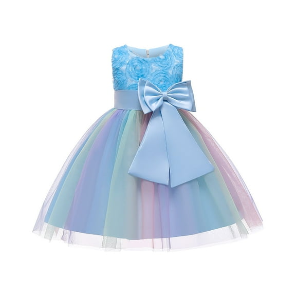 Odeerbi Girls Dress Baby Girls Clothes Toddler Color Net Yarn Bowknot Birthday Party Flowers Gown Kids Dresses Blue