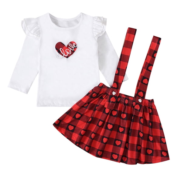 Odeerbi Girls Dress Baby Girls Clothes Toddler Kids Fashion Cute Long Sleeve Sweet Heart Letter Print Ruffles Strap Skirt Suit Red