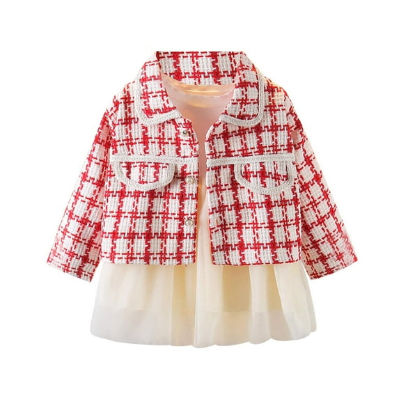 Odeerbi Girls Dress Baby Girls Clothes Toddler Kids Plaid Skirt Set 2025 Long Sleeve Jacket Coat Top Party Dresses Red