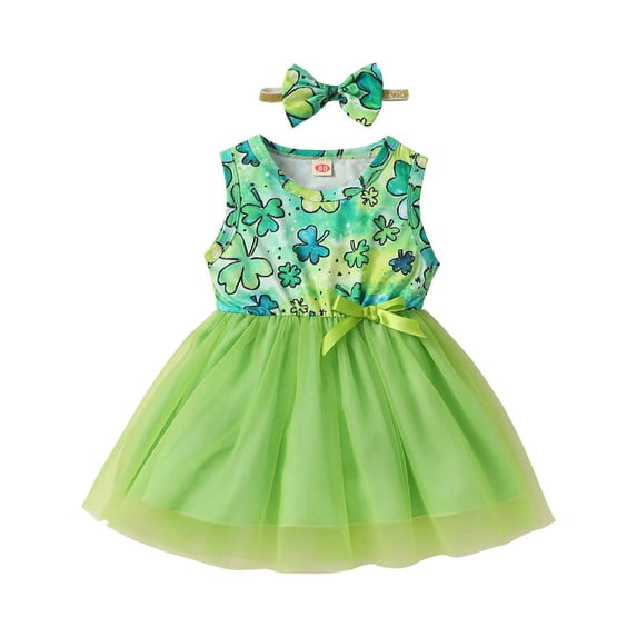 Odeerbi Girls Dress Baby Girls Clothes Toddler Net Yarn Solid Color St. Patrick's Day Four-leaf Print Sleeveless Skirt Dress Green