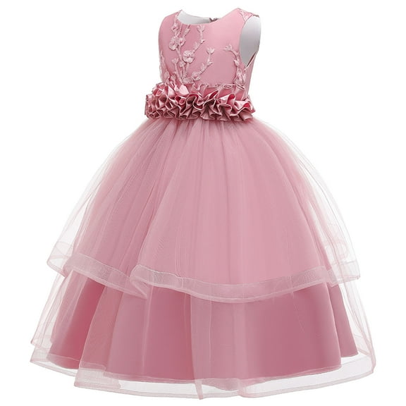 Odeerbi Girls Dress Baby Girls Clothes Toddler Solid Color Flowers Embroidery Net Yarn Bowknot Birthday Party Flowers Gown Kids Dresses Hot Pink