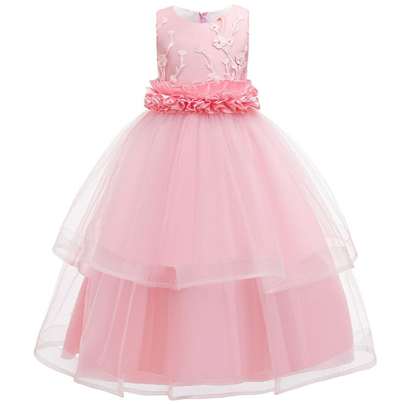 Odeerbi Girls Dress Baby Girls Clothes Toddler Solid Color Flowers Embroidery Net Yarn Bowknot Birthday Party Flowers Gown Kids Dresses Pink