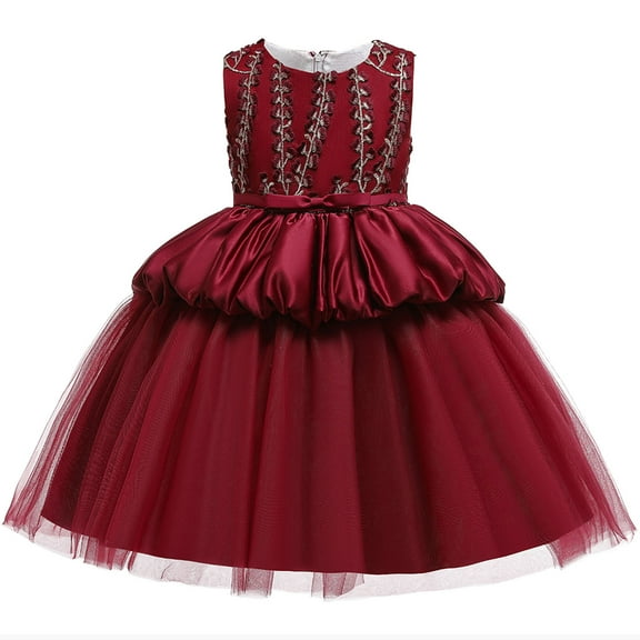 Odeerbi Girls Dress Baby Girls Clothes Toddler Solid Color Leaf Embroidery Net Yarn Bowknot Birthday Party Flowers Gown Kids Dresses Burgundy