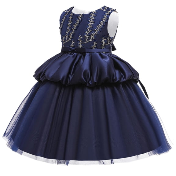Odeerbi Girls Dress Baby Girls Clothes Toddler Solid Color Leaf Embroidery Net Yarn Bowknot Birthday Party Flowers Gown Kids Dresses Navy