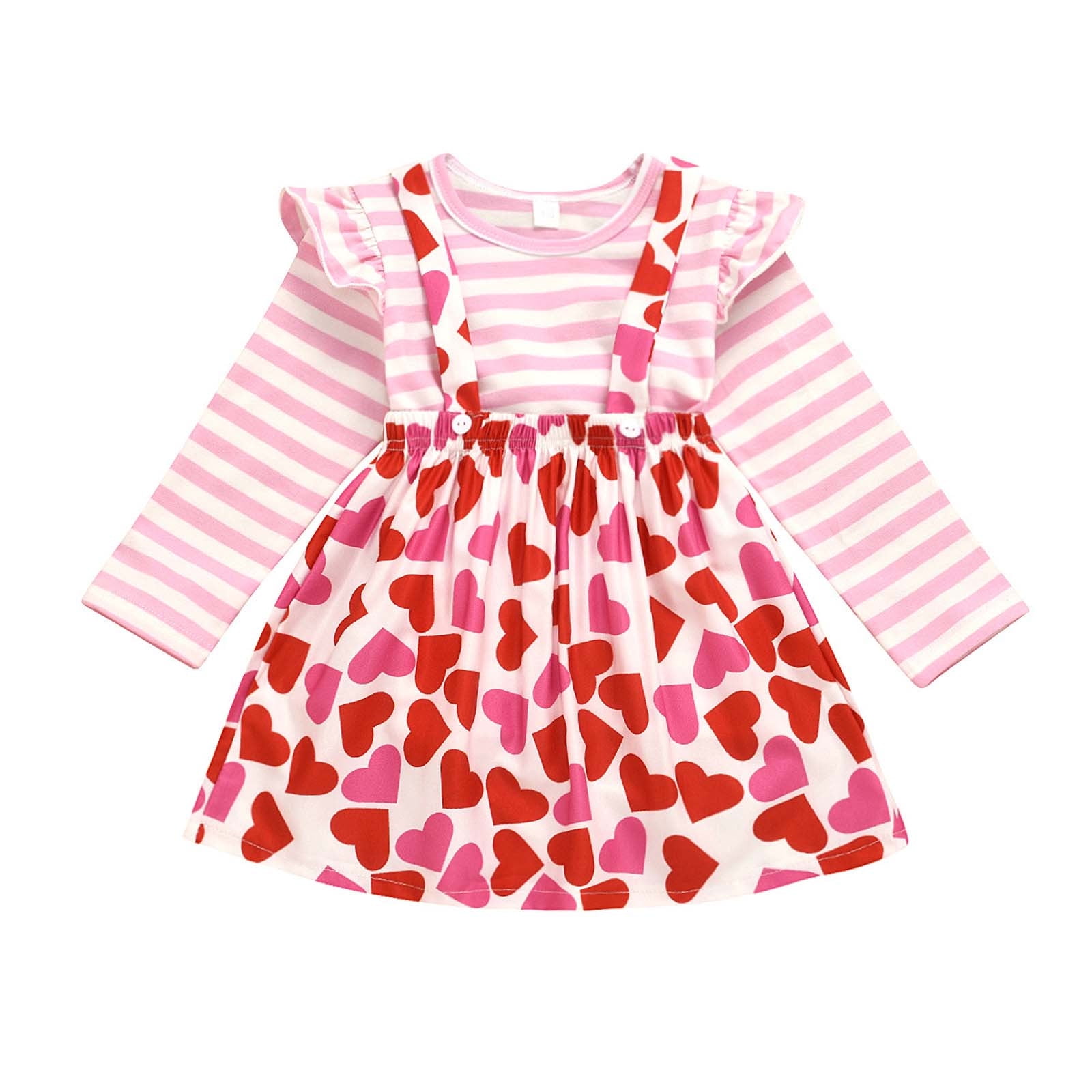 Odeerbi Girls Dress Baby Girls Clothes Valentine's Day Rib Round-Neck Striped Blouses Suspender Skirt 2024 Fashion Two Piece Set Pink