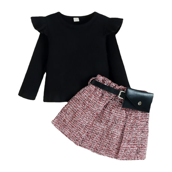 Odeerbi Girls Dresses Baby Fall Winter Round-Neck Blouses Skirt With Belt Bag Baby 2025 Fashion Suit Black