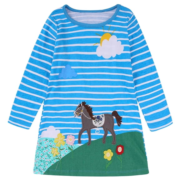 Odeerbi Girls Dresses Baby Girl Clothes Autumn Children's Clothing Tshirt 2025 Long Sleeve Cartoon Striped Embroidered Dress