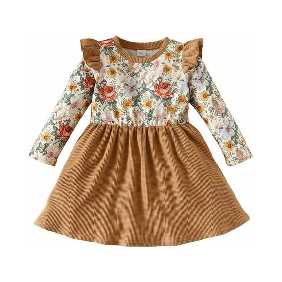 Odeerbi Girls Dresses Baby Girl Clothes Infant Toddler 2025 Long Sleeve Ruffle Edge Round Neck Floral Dress Dress Princess Dress