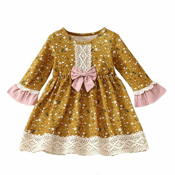 Odeerbi Girls Dresses Baby Girl Clothes Infant Toddler 2025 Long Sleeve Ruffle Edge Round Neck Floral Dress Dress Princess Dress