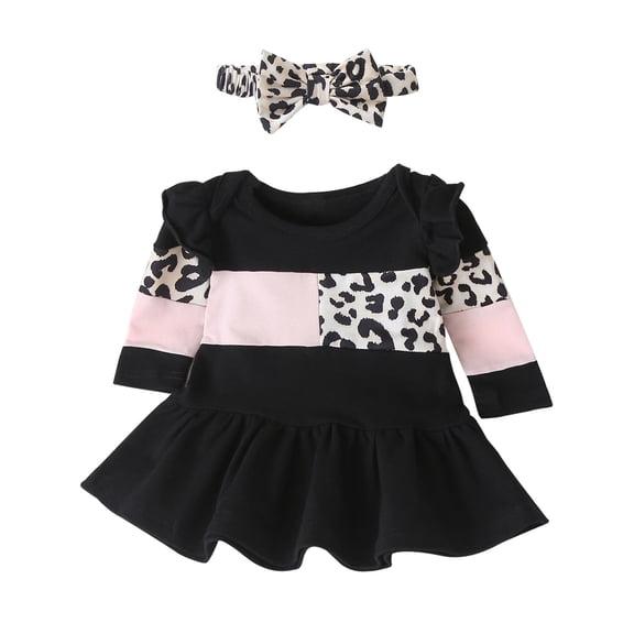 Odeerbi Girls Dresses Baby Girl Clothes Newborn Infant 2025 Long Sleeve Patchwork Leopard Print Princess Dress Set