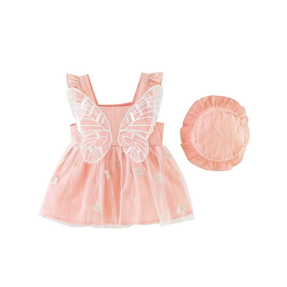Odeerbi Girls Dresses Baby Girl Clothes Toddler Dress Butterfly Wings Mesh Splicing Princess Dress Sleeveless Tank Dress + Hat