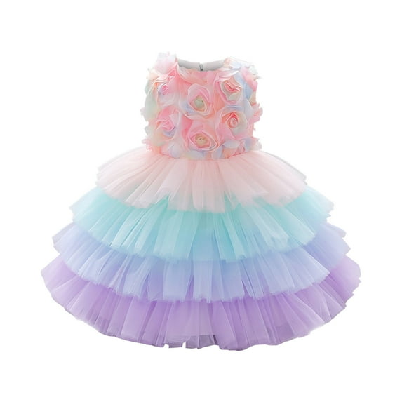 Odeerbi Girls Dresses Flower Girl Dress Toddler Gradient Color Net Yarn Mesh Flowers Birthday Party Kids Formal Princess