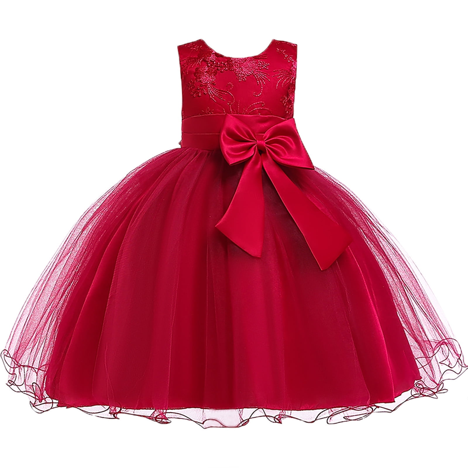 Odeerbi Girls Dresses Flower Girl Dress Toddler Net Yarn Embroidery Bowknot Birthday Party Gown Kids Cute
