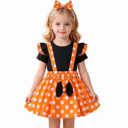 Odeerbi Girls Dresses Infant Toddler Dots Bow-knot Dress Headband 3 PCS Outfit Set Baby Girl Clothes