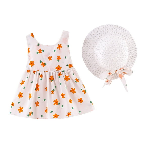 Odeerbi Girls Dresses Toddler Baby Kids Sleeveless Floral Princess Dress Hat Outfits Orange