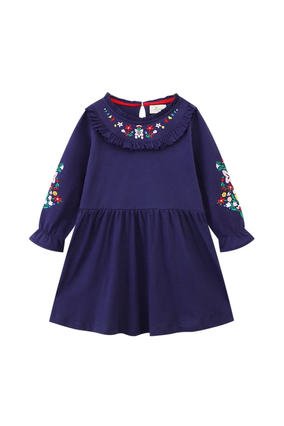 Girls Dresses Toddler Girls Clothes 2025 Casual Spring Fall Winter Cotton Long Sleeves Striped Lapel Embroidery T-shirt Dress Clothes Navy 3-4 Years