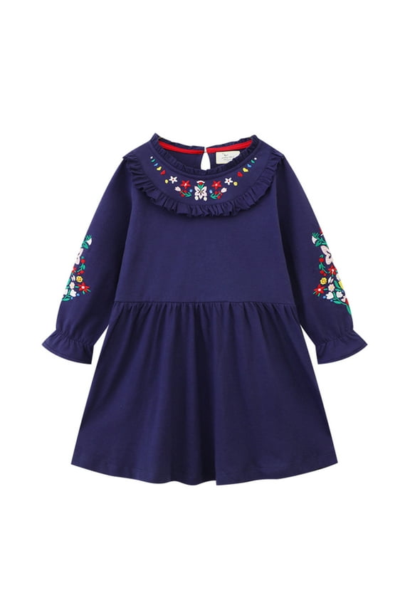 Girls Dresses Toddler Girls Clothes 2025 Casual Spring Fall Winter Cotton Long Sleeves Striped Lapel Embroidery T-shirt Dress Clothes Navy 4-5 Years