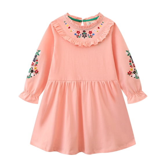 Odeerbi Girls Dresses Toddler Girls Clothes 2025 Casual Spring Fall Winter Cotton Long Sleeves Striped Lapel Embroidery T-shirt Dress Clothes Pink 5-6 Years