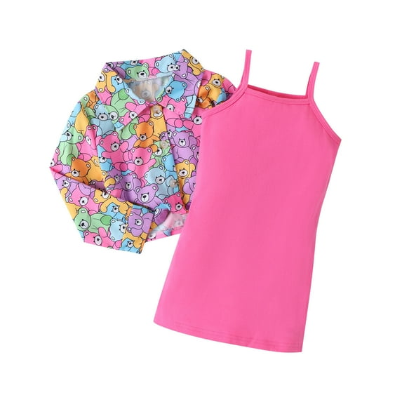 Odeerbi Girls Dresses with Jacket Set Toddler Girls Clothes Solid Color Halter Bottom Dress + Bear Print Lapel Jacket Set Two Sets Pink 5-6 Years