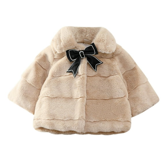 Odeerbi Girls Faux Furry Shawl Wrap Toddler Solid Color Plush Cute Bow Imitation Rabbit Furry Keep Warm Winter Lapel Thick Coat Cloak Khaki