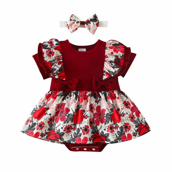 Odeerbi Girls Floral Dress with Headband Set Infant Girls Clothes Short Sleeve Ruffle Dress Flower Stripe Wrapped Fart Suit One-piece Headband Set Burgundy 3-6 Months