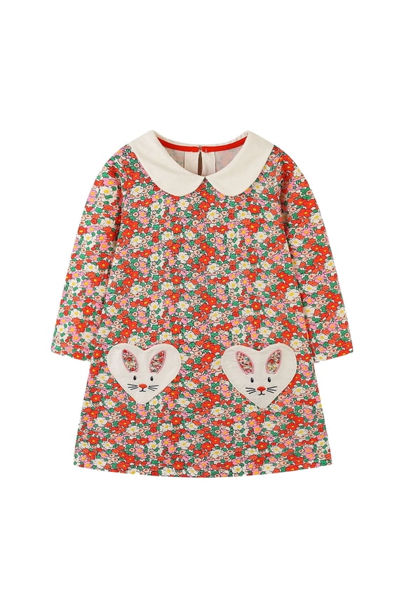 Girls Floral Dress Toddler Girls Clothes 2025 Casual Spring Fall Winter Cotton Long Sleeves T-shirt Dress Clothes Red 2-3 Years