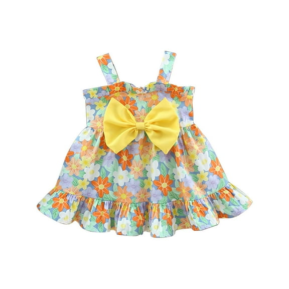 Odeerbi Girls Floral Dress Toddler Girls Clothes Summer Sweet Bowknot Small Fragmented Flower Suspended Dress Lace Dress Yellow 2-3 Years