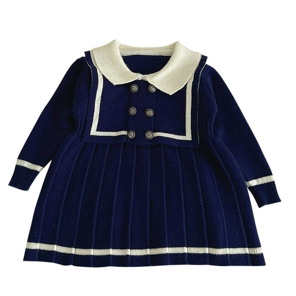 Odeerbi Girls Knit Dress Toddler Girls Clothes Fashion Children Comfortable 2025 Casual Fold Button Knit Pleated Skirt Long Sleeve Turndown Collar Dress Navy 5-6 Years