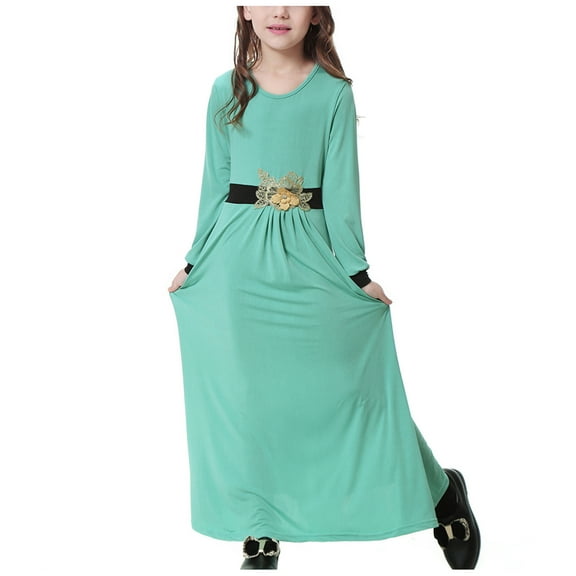 Odeerbi Girls Muslim Dress Little Girls Clothes Muslim Long Dress Medium Big Girls 2025 Long Sleeve V Neck Colorblock Dress Green 10-11 Years
