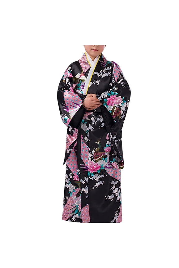Girls Pajamas Fashion Kimono Tradition Improved Printing Cardigan Robe Formal Wear Set Black