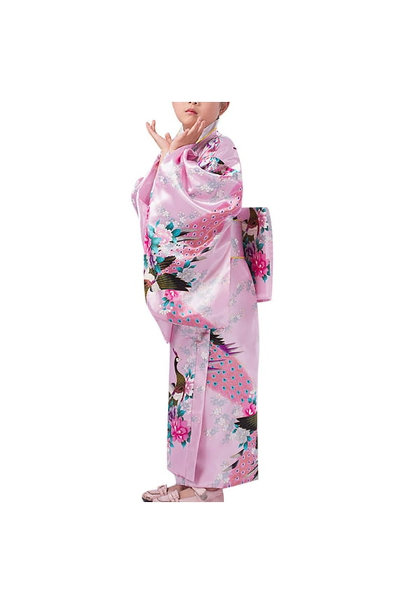Girls Pajamas 2025 Fashion Kimono Tradition Improved Printing Cardigan Robe Formal Wear Set Pink