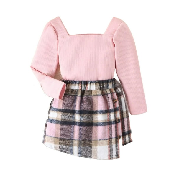 Odeerbi Girls Plaid Skirt Set Toddler Girls Clothes 2025 Fashion Plaid Skirt Set Squares Neck Long Sleeve Top + Plaid Skirt Set Pink 5-6 Years