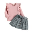 thumbnail image 1 of Odeerbi Girls Plaid Skirt Set Toddler Girls Clothes Round Neck Ruffle 2025 Long Sleeve Top + Twill Skirt Set Pink 4-5 Years, 1 of 9