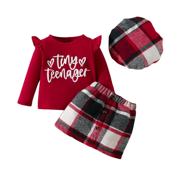 Odeerbi Girls Plaid Skirt Set Toddler Girls Clothes Strip Cotton Open Button Top With Plaid Skirt Knot Hairband Three Piece Set Red 18-24 Months