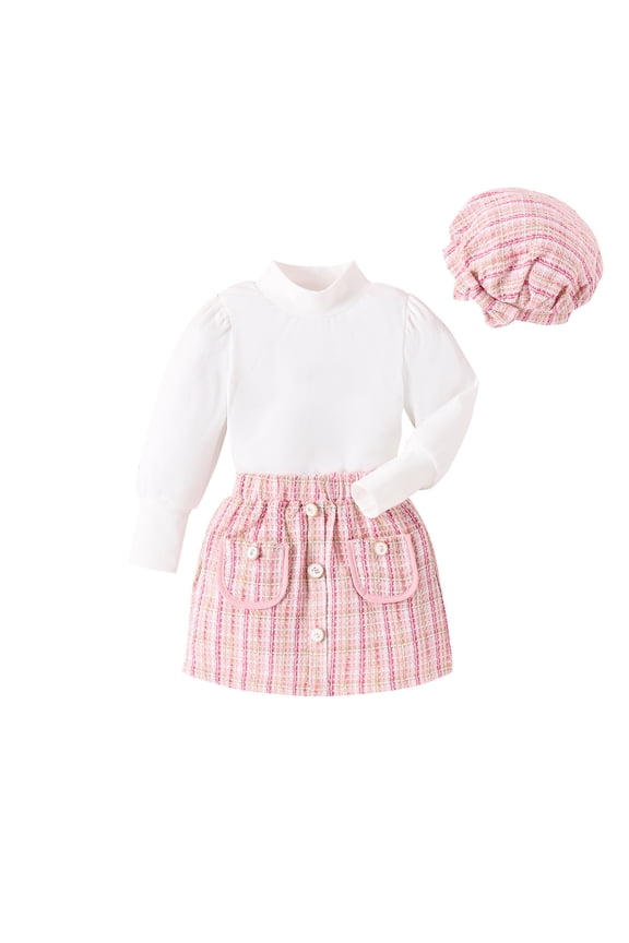 Girls Plaid Skirt Turtleneck Top Set Little Girls Clothes High Neck Lantern 2025 Long Sleeve Top White + Tweed Plaid Skirt + Hat Set Pink 6-7 Years