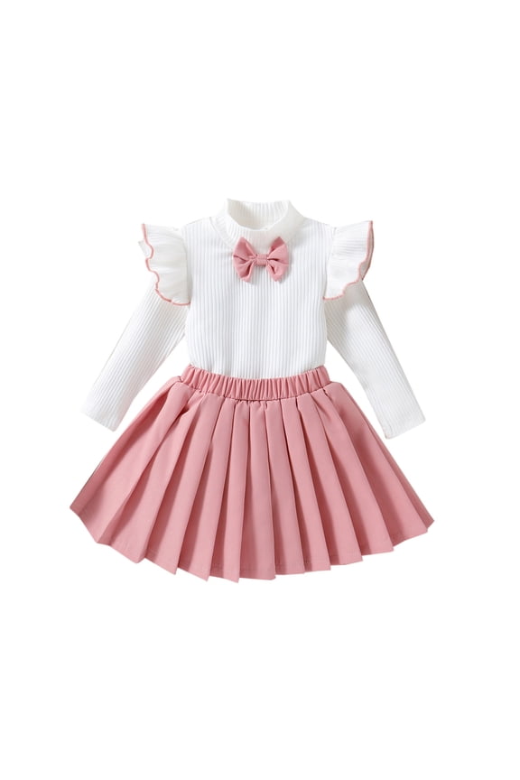 Girls Pleated Skirt Turtleneck Top Set Toddler Girls Clothes Elegant Version Of The College Style High Neck Bow Ruffle Top Pleated Skirt Suit White 1-2 Years