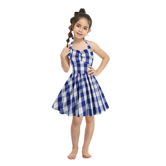 Odeerbi Girls Princess Dress Toddler Girls Clothes Halter Plaid Dress 2024 Fashion V-neck Sleeveless Backless Vintage Printed Party Cocktail Dresses Stretchy Dresses Blue 4-5 Years