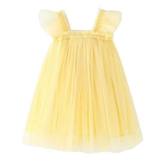 Odeerbi Girls Princess Dress Toddler Girls Clothes Party Tulle Dress Kids Cute Summer Mesh Solid Color Flying Sleeve Suspenders Dress Skirt Yellow 3-4 Years