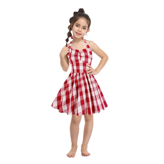 Odeerbi Girls Princess Dress Toddler Girls Clothes Halter Plaid Dress 2024 Fashion V-neck Sleeveless Backless Vintage Printed Party Cocktail Dresses Stretchy Dresses Red 4-5 Years