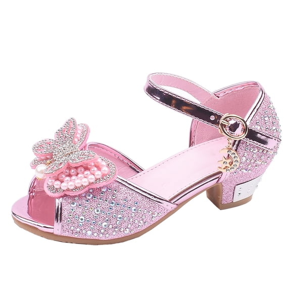 Odeerbi Girls Sandals Children's Shoes Girls Fish Mouth Butterfly Pearl Rhinestone Crystal Princess Shoes Dance Shoes
